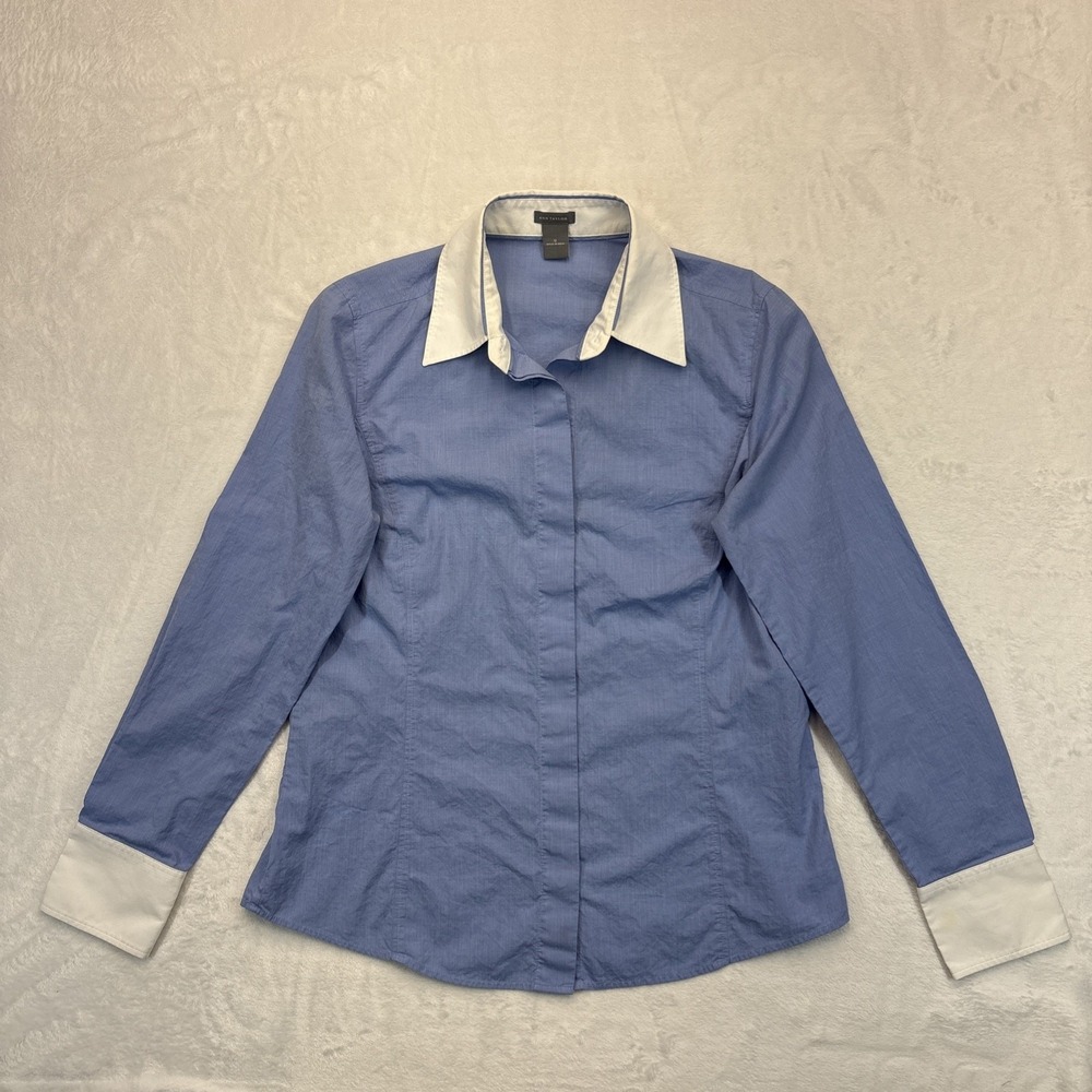 Ann Taylor Shirt Womens Size 12 Blue Button Up Long Sleeve White Collar Cuffs